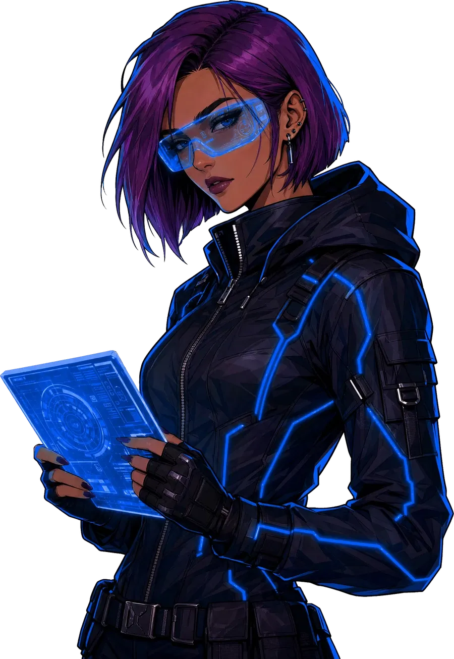 The crew hacker with a holographic tablet