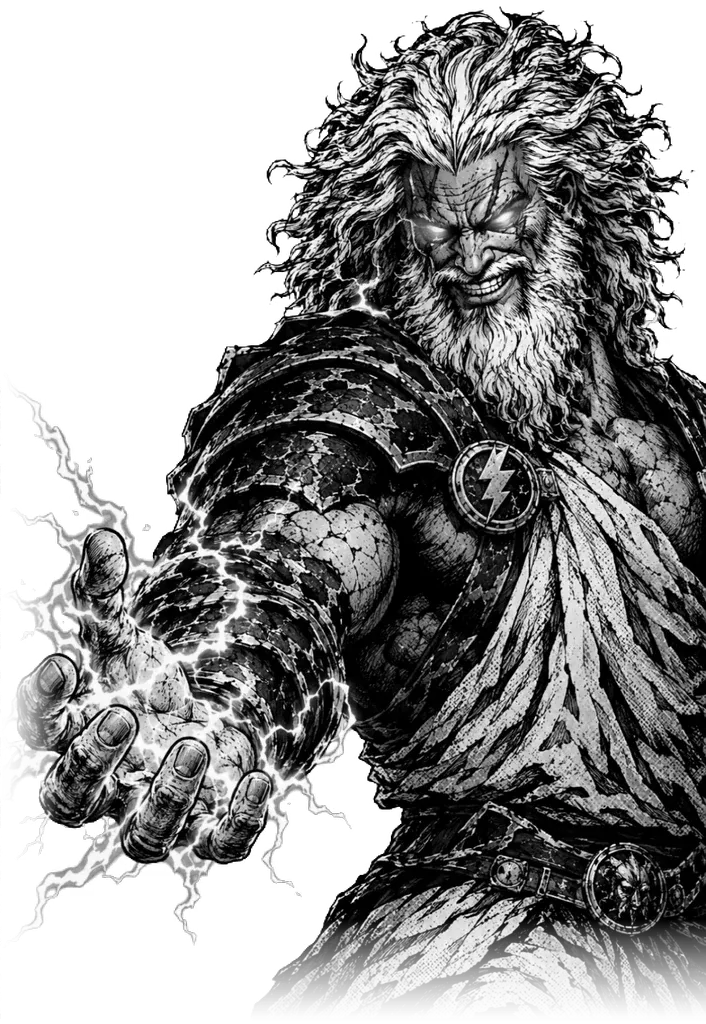 Zeus, crackling with lightning